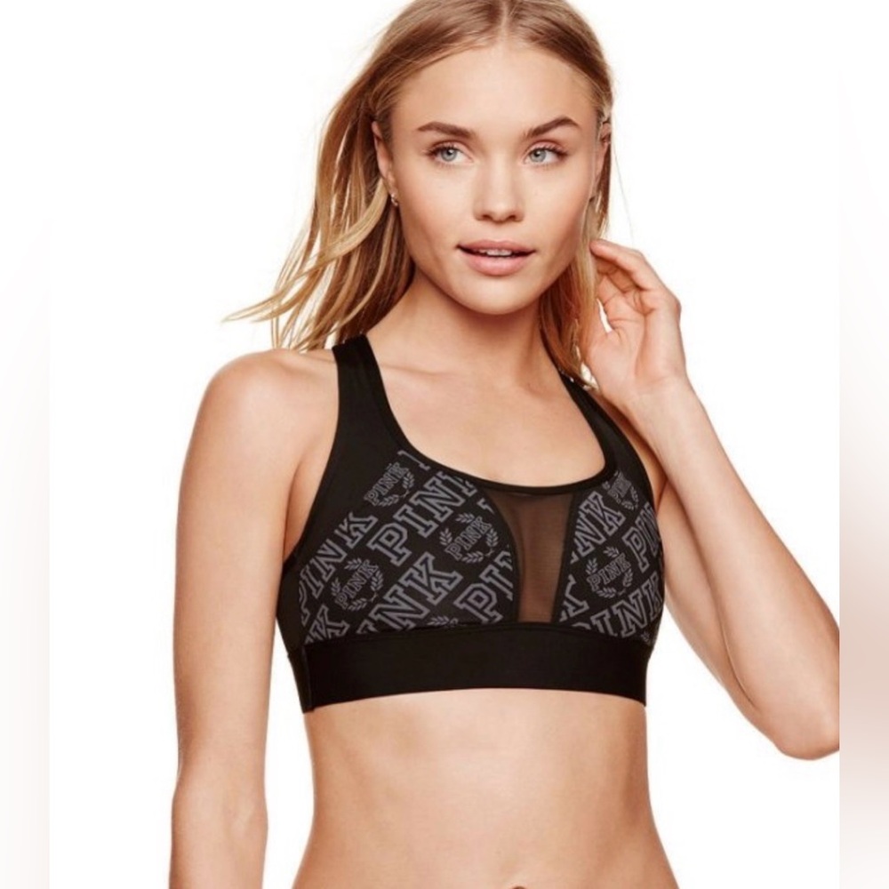 Victoria's Secret PINK Ultimate Unlined Mesh Sport Bra Top Black Logo Racerback